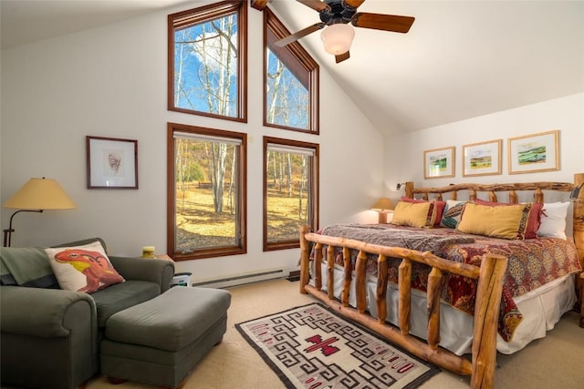 carpeted bedroom featuring ceiling fan, high vaulted ceiling, and a baseboard heating unit