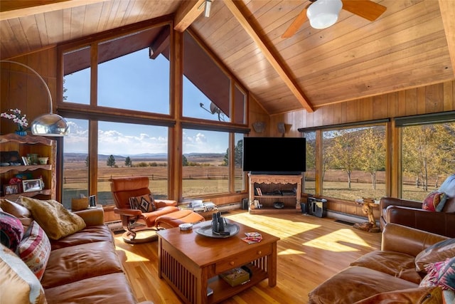 living room with beam ceiling, a healthy amount of sunlight, and light hardwood / wood-style flooring