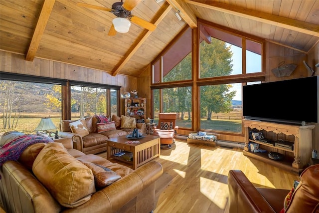 living room with ceiling fan, a baseboard radiator, beamed ceiling, wooden walls, and hardwood / wood-style flooring