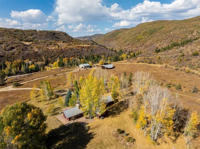 drone / aerial view featuring a mountain view