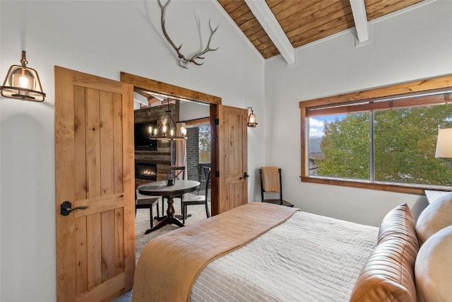2275 Storm Meadows Dr Unit 63, Steamboat Springs, CO 80487 - carpeted bedroom featuring a warm lit fireplace and wood ceiling
