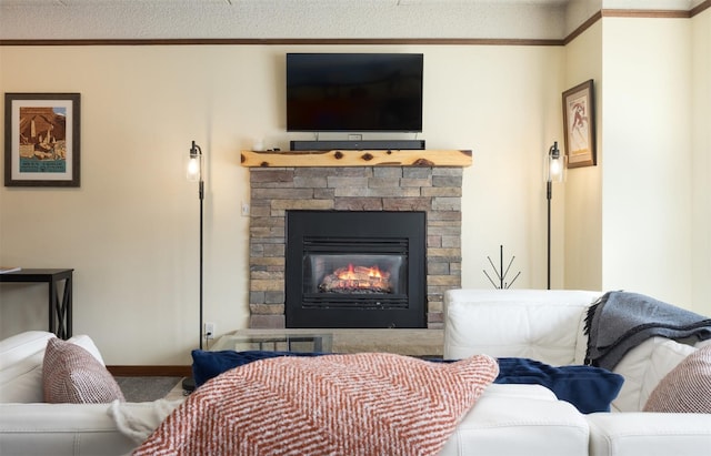 45 Beeler Pl Unit 301, Copper Mountain, CO 80443 - bedroom with a stone fireplace, ornamental molding, baseboards, carpet flooring, and a textured ceiling