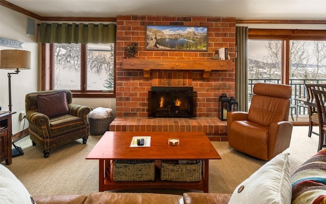 living room featuring light carpet, a brick fireplace, and ornamental molding