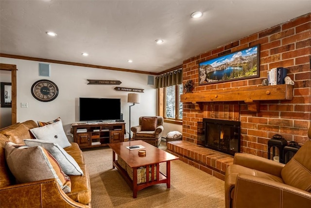 carpeted living room with ornamental molding and a fireplace