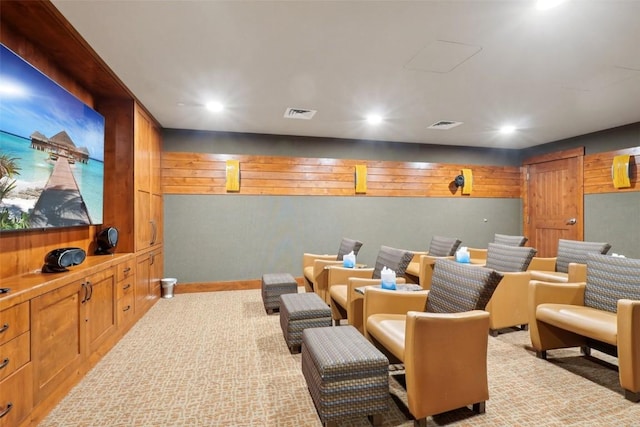 1521 Ski Hill Rd Unit 8312, Breckenridge, CO 80424 - home theater with light colored carpet, recessed lighting, and wood walls
