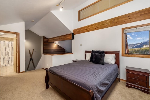 91200 Ryan Gulch Rd Unit 91222, Silverthorne, CO 80498 - bedroom featuring carpet floors, track lighting, lofted ceiling, and baseboards