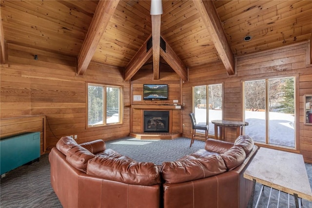 91200 Ryan Gulch Rd Unit 91222, Silverthorne, CO 80498 - living room featuring healthy amount of natural light, wood walls, wood ceiling, a glass covered fireplace, and dark carpet