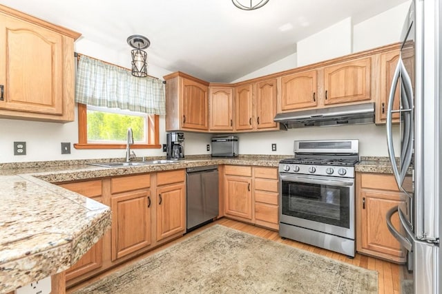26870 Beaver Canyon Dr, Clark, CO 80428 - kitchen featuring appliances with stainless steel finishes, a sink, under cabinet range hood, light wood-style flooring, and vaulted ceiling
