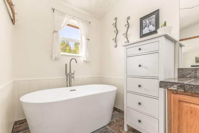 26870 Beaver Canyon Dr, Clark, CO 80428 - full bathroom with vanity, wainscoting, a freestanding tub, and stone finish floors