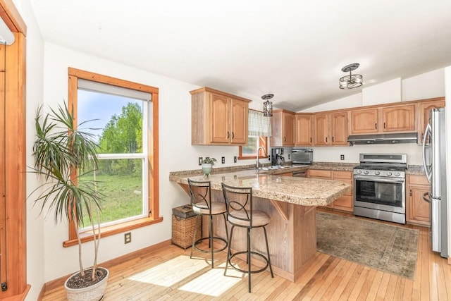 26870 Beaver Canyon Dr, Clark, CO 80428 - kitchen with stainless steel appliances, under cabinet range hood, light wood finished floors, a peninsula, and a breakfast bar area