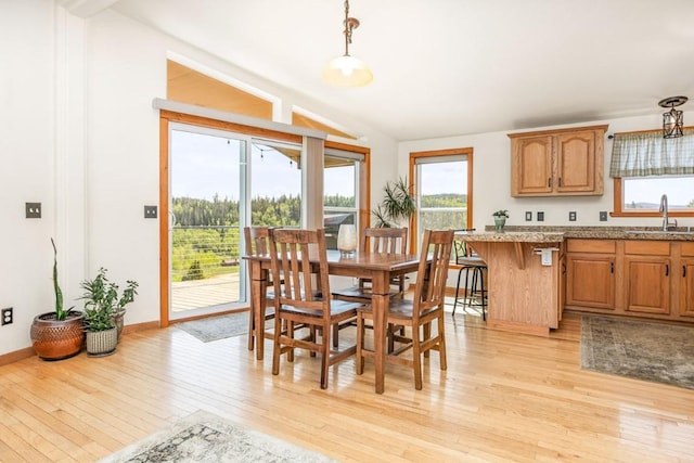 26870 Beaver Canyon Dr, Clark, CO 80428 - dining space with light wood-style flooring, vaulted ceiling, and baseboards