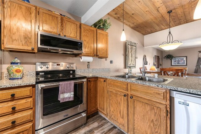 1149 Overlook Dr Unit C3, Steamboat Springs, CO 80487 - kitchen featuring stainless steel appliances, wood finished floors, a sink, a peninsula, and hanging light fixtures