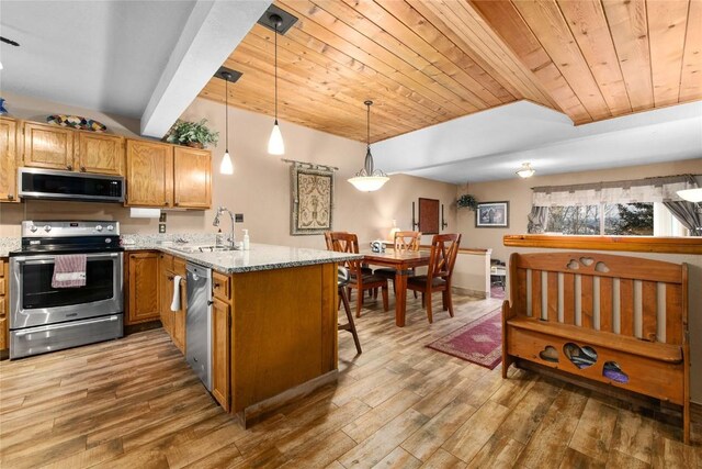 1149 Overlook Dr Unit C3, Steamboat Springs, CO 80487 - kitchen featuring stainless steel appliances, wood finished floors, a sink, wood ceiling, and a peninsula