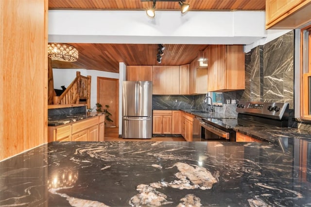 50035 Moon Hill Dr, Steamboat Springs, CO 80487 - kitchen with stainless steel appliances, backsplash, wood ceiling, dark stone countertops, and light brown cabinetry