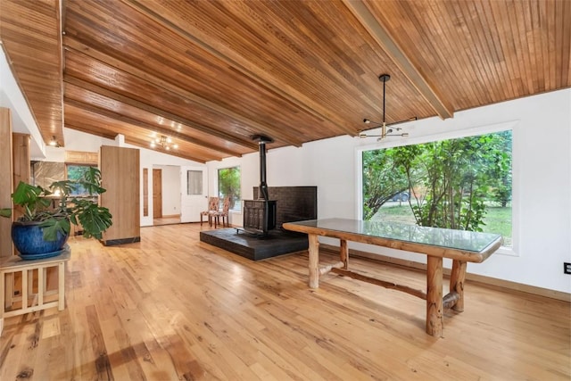 50035 Moon Hill Dr, Steamboat Springs, CO 80487 - living area with a wood stove, wood ceiling, light wood-style floors, and a chandelier
