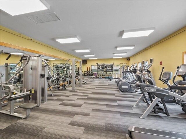 exercise room with carpet floors