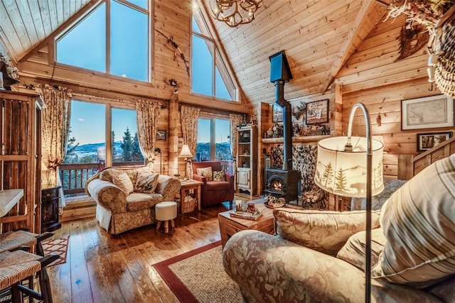 interior space featuring lofted ceiling, hardwood / wood-style flooring, wooden walls, wood ceiling, and a wood stove