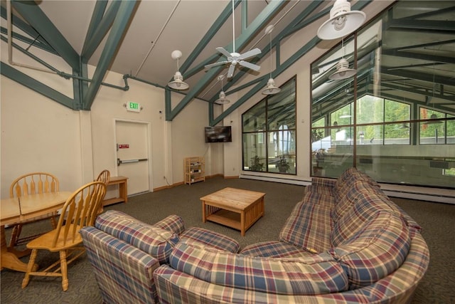 living area with high vaulted ceiling, ceiling fan, baseboards, and carpet flooring