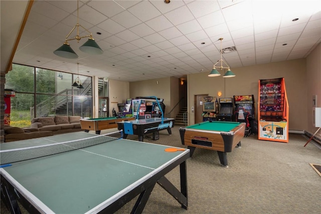 recreation room with billiards and carpet