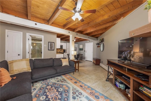 2300 Lodge Pole Cir Unit 107, Silverthorne, CO 80498 - living area with wooden ceiling with exposed beams, a ceiling fan, and baseboards