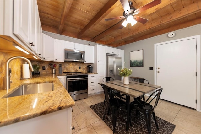 kitchen featuring a sink, decorative backsplash, beamed ceiling, wooden ceiling, and appliances with stainless steel finishes
