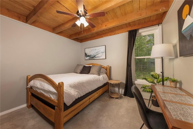 bedroom featuring beamed ceiling, baseboards, carpet flooring, and wood ceiling