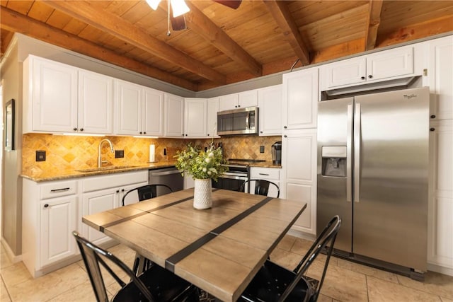 kitchen with stainless steel appliances, backsplash, wooden ceiling, a sink, and beam ceiling