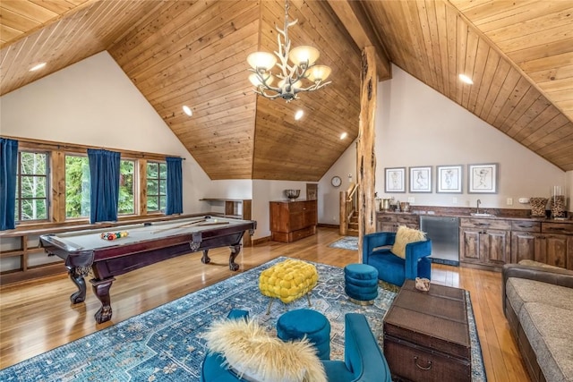 486 Sage Creek Canyon Dr, Silverthorne, CO 80498 - recreation room featuring vaulted ceiling, billiards table, wood ceiling, wood-type flooring, and recessed lighting