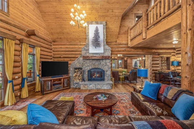 486 Sage Creek Canyon Dr, Silverthorne, CO 80498 - living room with high vaulted ceiling, a chandelier, log walls, wooden ceiling, and hardwood / wood-style floors