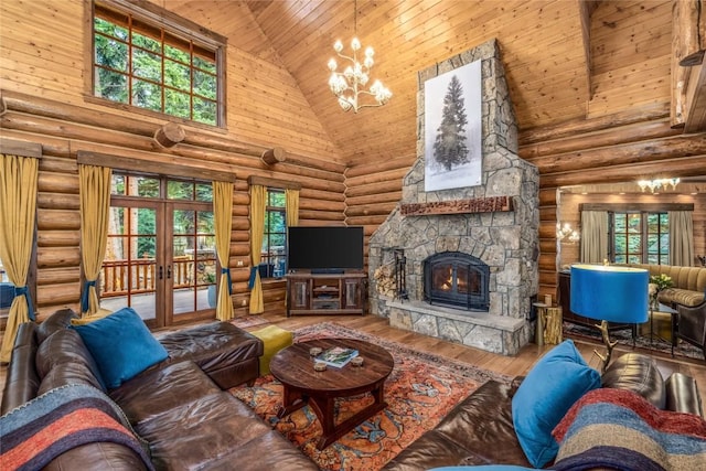 486 Sage Creek Canyon Dr, Silverthorne, CO 80498 - living room featuring high vaulted ceiling, wooden ceiling, a chandelier, french doors, and hardwood / wood-style flooring