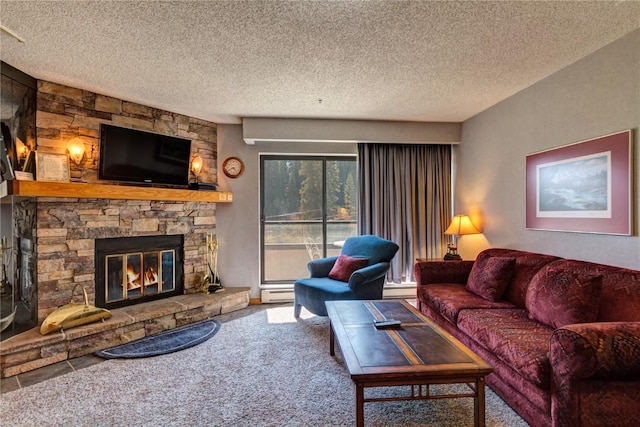 carpeted living room with a fireplace, a textured ceiling, and a baseboard heating unit