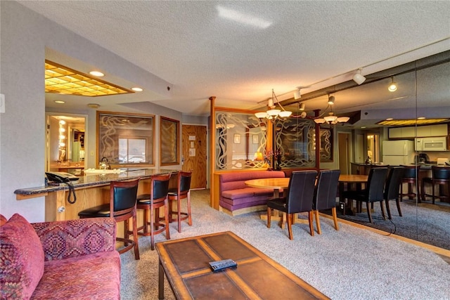 carpeted living area featuring a textured ceiling