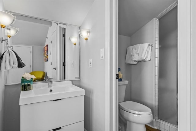 1724 Ski Time Square Dr Unit R6, Steamboat Springs, CO 80487 - full bath featuring toilet, vanity, a shower stall, and lofted ceiling