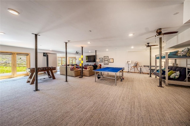 recreation room with plenty of natural light, carpet, and recessed lighting