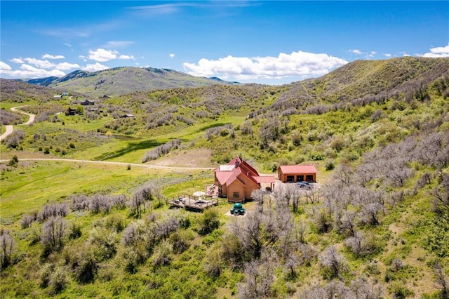 drone / aerial view featuring a mountain view