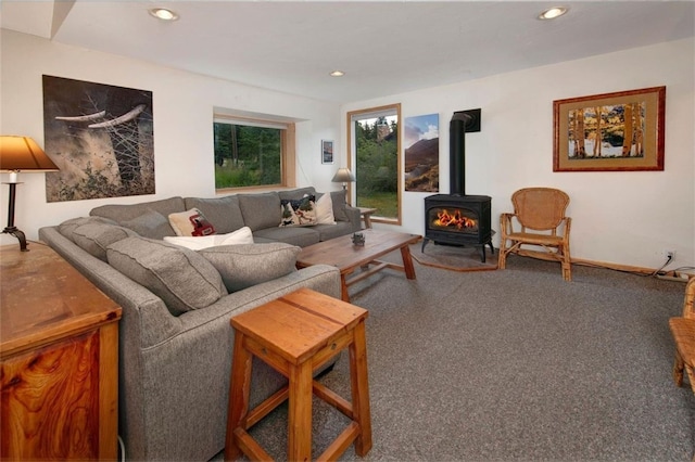46 Mcdill Rd, Breckenridge, CO 80424 - carpeted living area with a wood stove and recessed lighting
