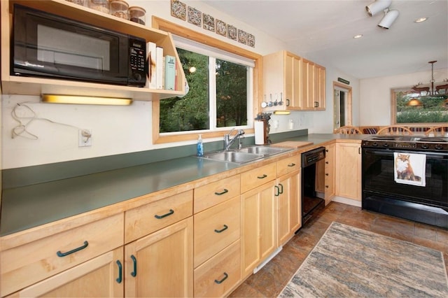 46 Mcdill Rd, Breckenridge, CO 80424 - kitchen with black appliances, light brown cabinets, a peninsula, recessed lighting, and dark stone finish floors
