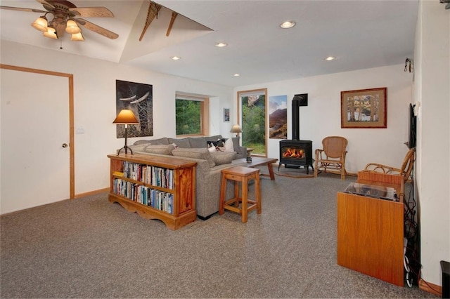 46 Mcdill Rd, Breckenridge, CO 80424 - carpeted living room featuring a wood stove, ceiling fan, and recessed lighting