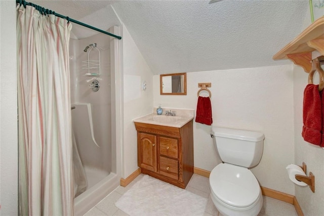 46 Mcdill Rd, Breckenridge, CO 80424 - full bathroom featuring vanity, a stall shower, a textured ceiling, and vaulted ceiling