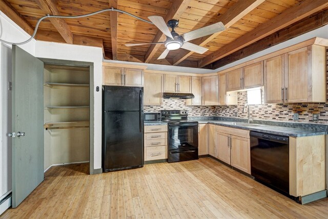 8500 Ryan Gulch Rd Unit G2, Wildernest, CO 80498 - kitchen featuring black appliances, wood ceiling with exposed beams, under cabinet range hood, dark countertops, and light brown cabinetry