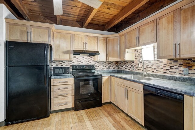 8500 Ryan Gulch Rd Unit G2, Wildernest, CO 80498 - kitchen featuring black appliances, a sink, under cabinet range hood, light brown cabinets, and wood ceiling with exposed beams