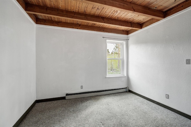 8500 Ryan Gulch Rd Unit G2, Wildernest, CO 80498 - unfurnished room featuring baseboard heating, wooden ceiling with exposed beams, carpet floors, and baseboards