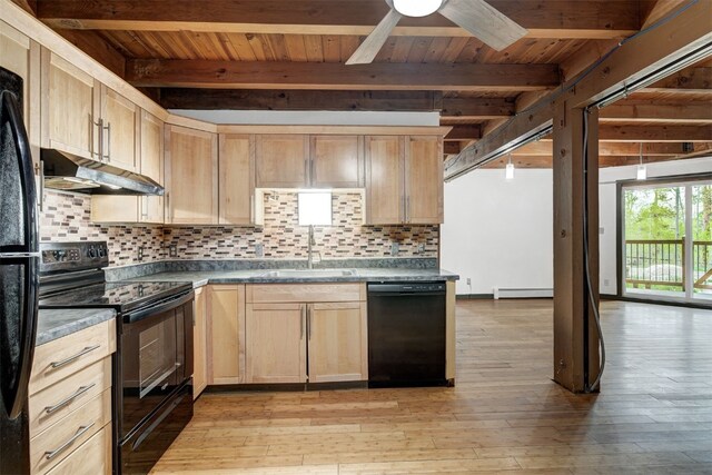 8500 Ryan Gulch Rd Unit G2, Wildernest, CO 80498 - kitchen featuring black appliances, under cabinet range hood, wooden ceiling with exposed beams, a sink, and light brown cabinetry
