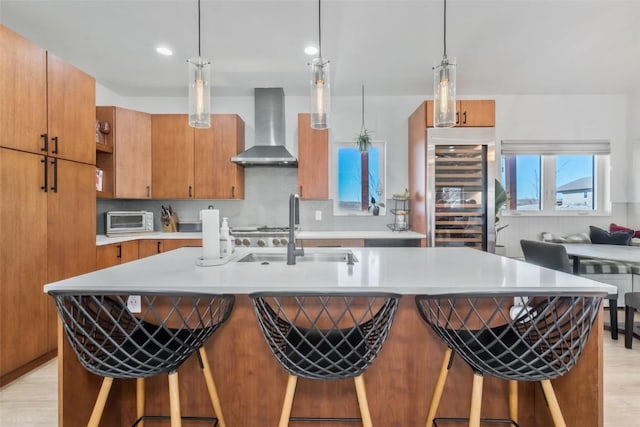 371 Lake View Rd, Hayden, CO 81639 - kitchen featuring wall chimney exhaust hood, a sink, a toaster, light countertops, and beverage cooler