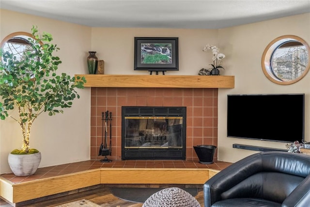 living area with a fireplace and wood finished floors