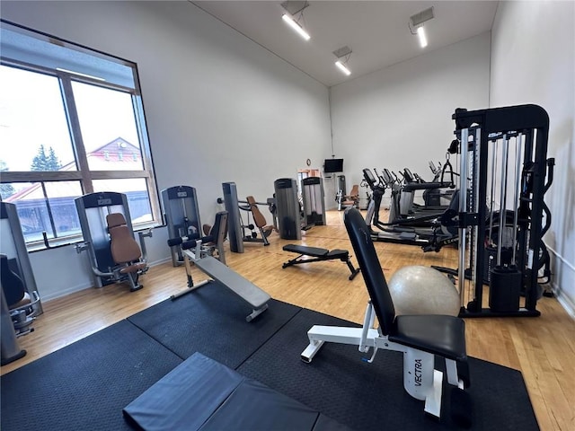 exercise room featuring wood finished floors, baseboards, and lofted ceiling