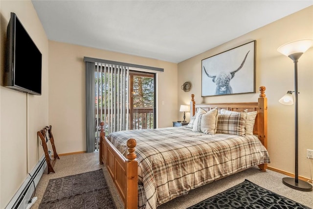 bedroom featuring a baseboard heating unit, carpet flooring, access to exterior, and baseboards