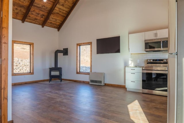 interior space featuring baseboards, a wood stove, wooden ceiling, and dark wood-style floors