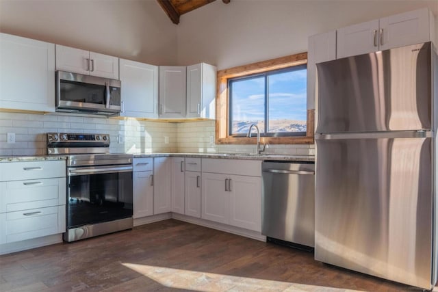 kitchen featuring light stone counters, a sink, white cabinetry, appliances with stainless steel finishes, and dark wood-type flooring