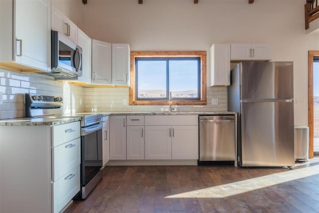 kitchen featuring white cabinets, stainless steel appliances, and dark wood-style floors